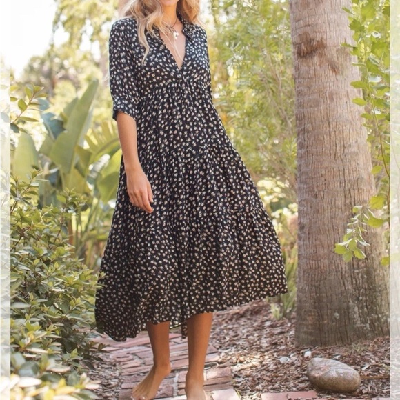 Natural Life Rebecca Midi Dress Black Cream Roses Sz XL NWT Empire Waist Flowy - Picture 2 of 16